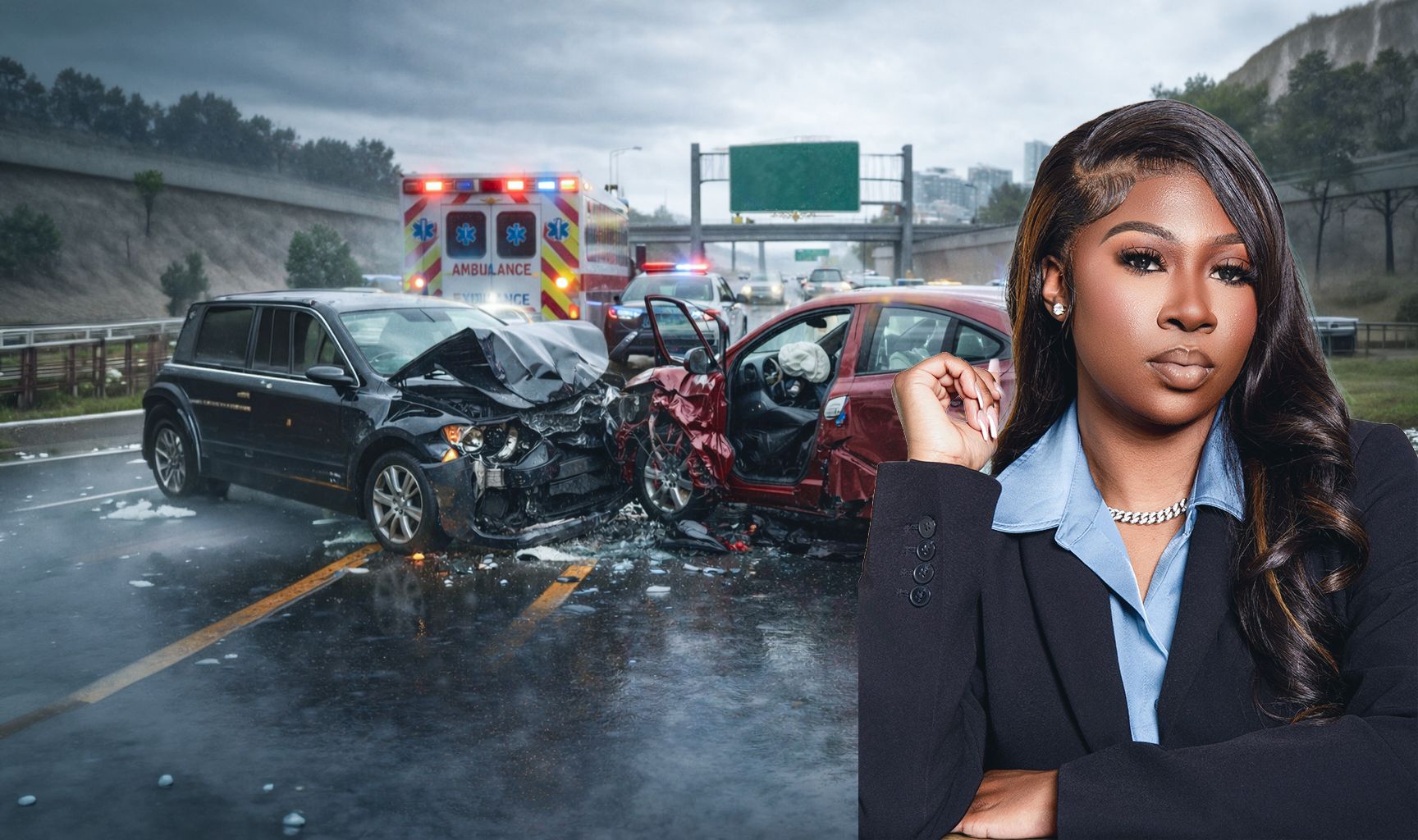 Attorney Tishana Springer in front of a highway accident scene